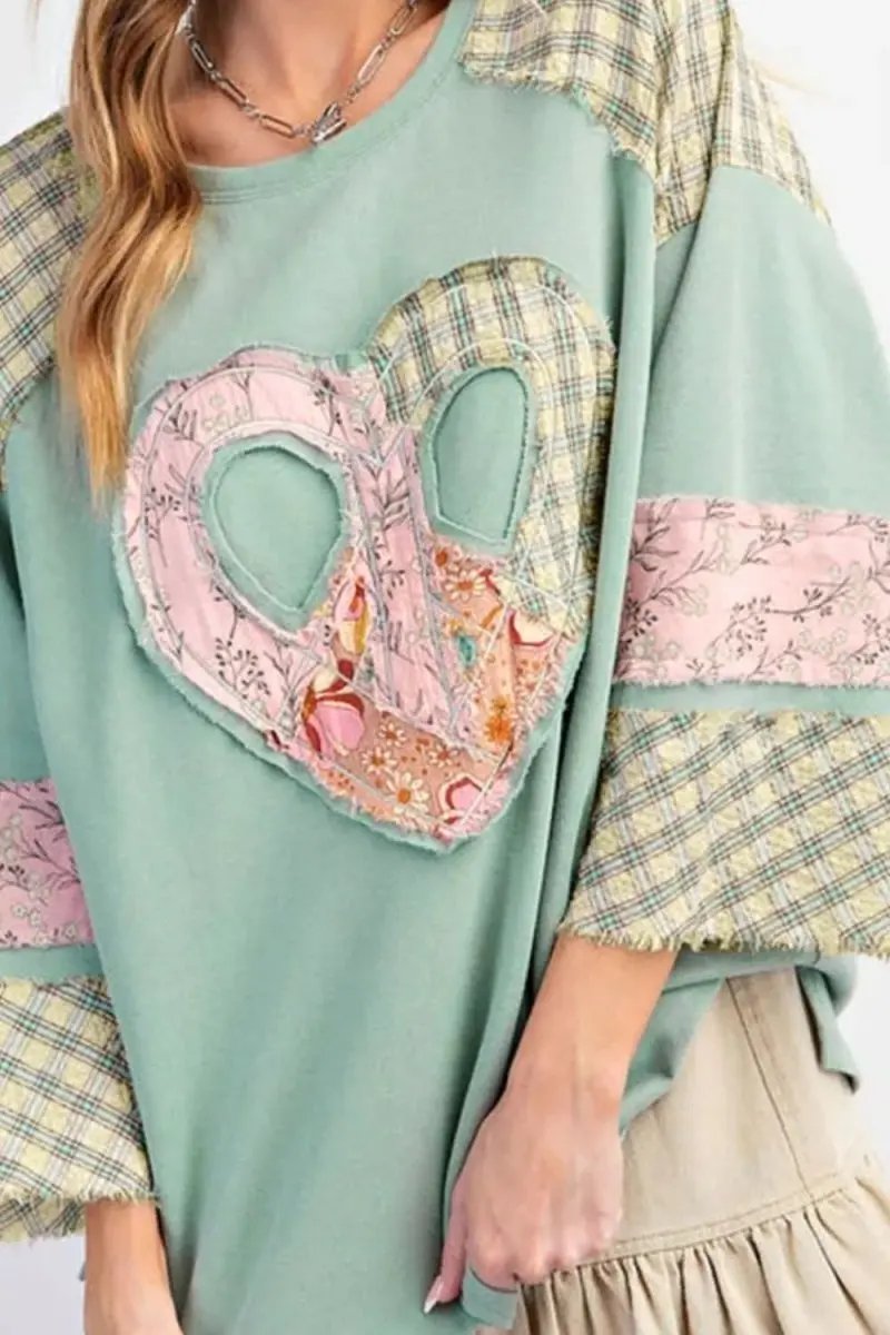 Heart Plaid Round Neck Long Sleeve Blouse - Love Salve